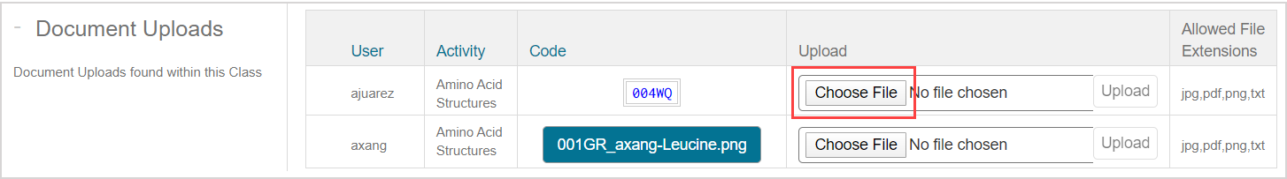 In the Document Uploads pane, the Choose File button in the Upload column is highlighted.